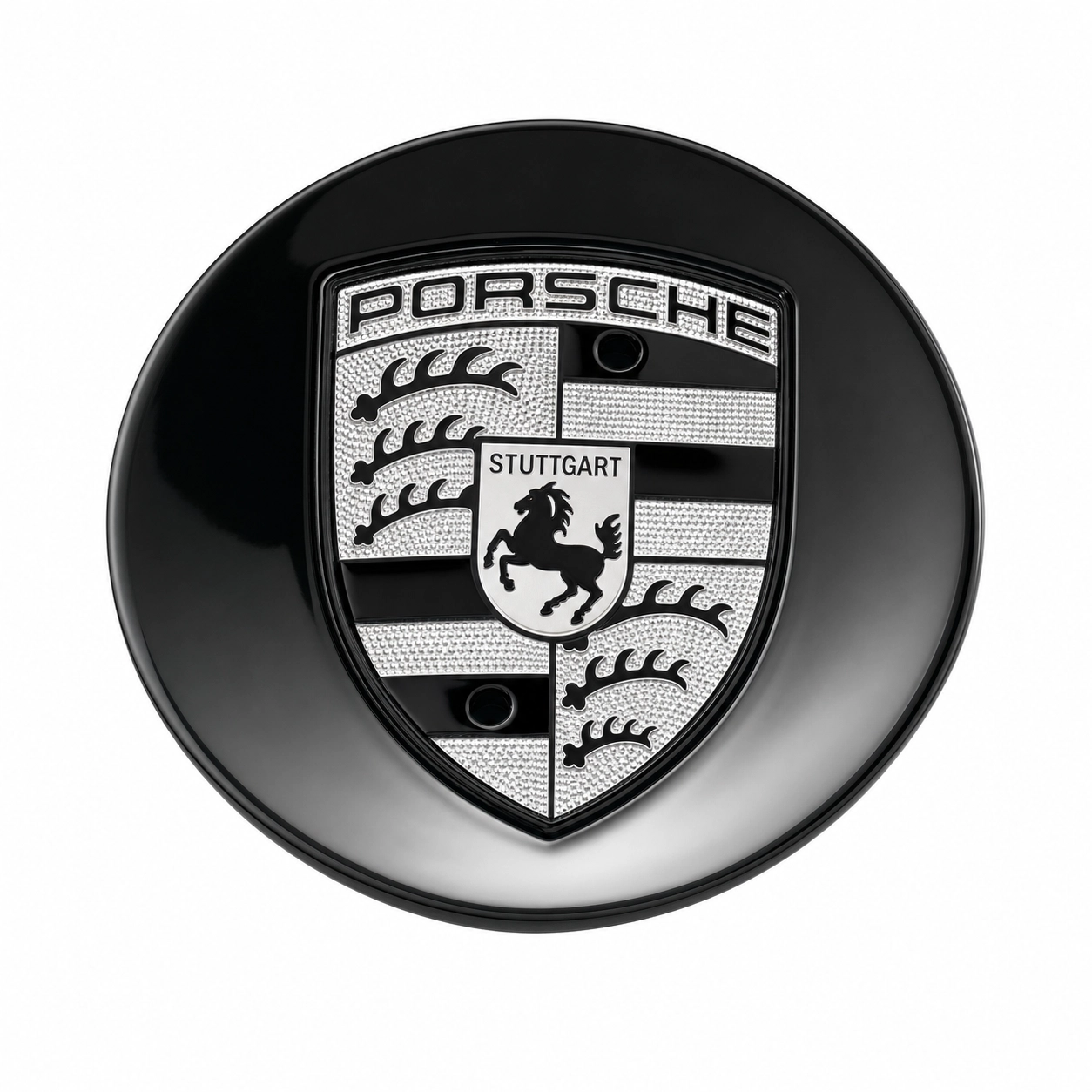 Gloss black Porsche 76mm center cap with silver crest