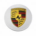 Silver Porsche 76mm center cap with full-color gold and red crest