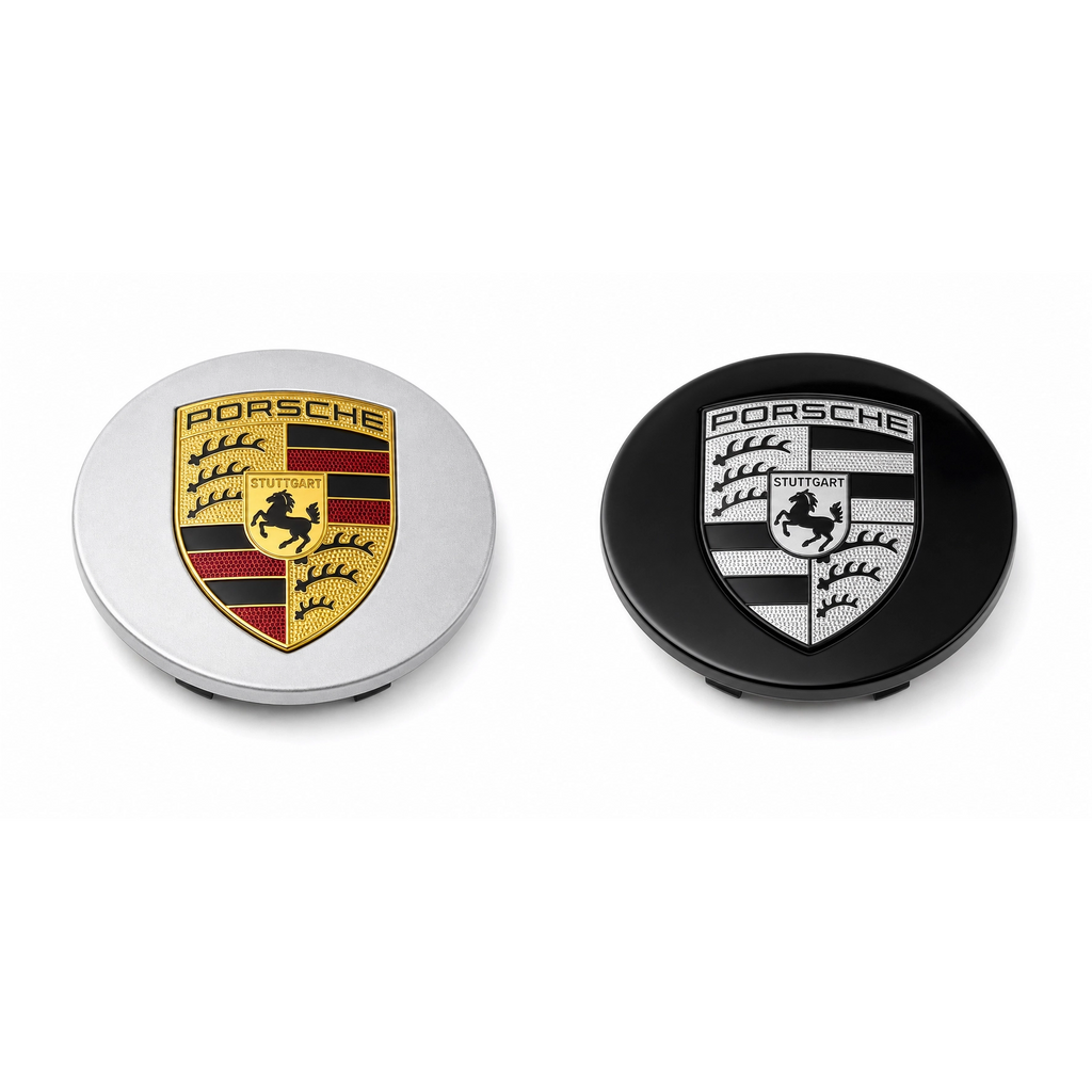 Porsche 76mm center caps — Silver/Gold and Black/Silver crest finishes