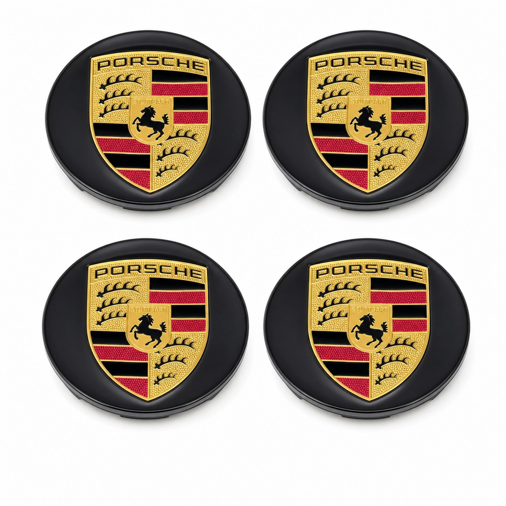 Porsche 65mm gloss black wheel center caps set of 4 with Stuttgart crest