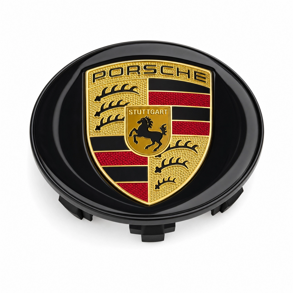 Single Porsche 65mm gloss black center cap with gold and red Stuttgart crest