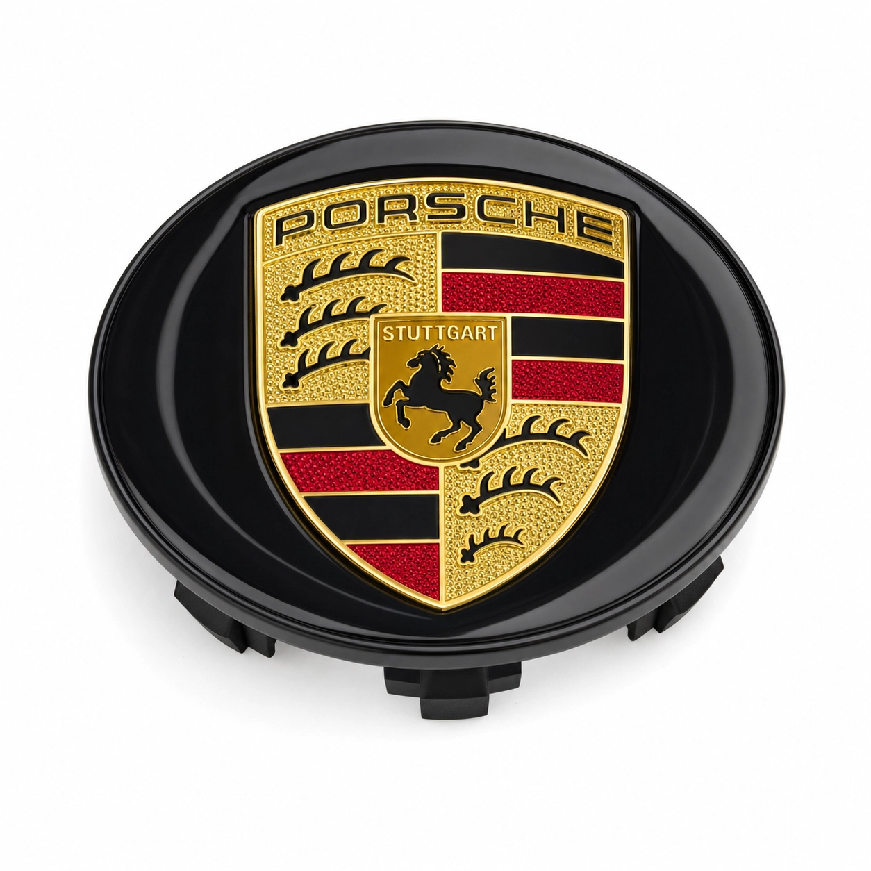 Single Porsche 65mm gloss black center cap with gold and red Stuttgart crest