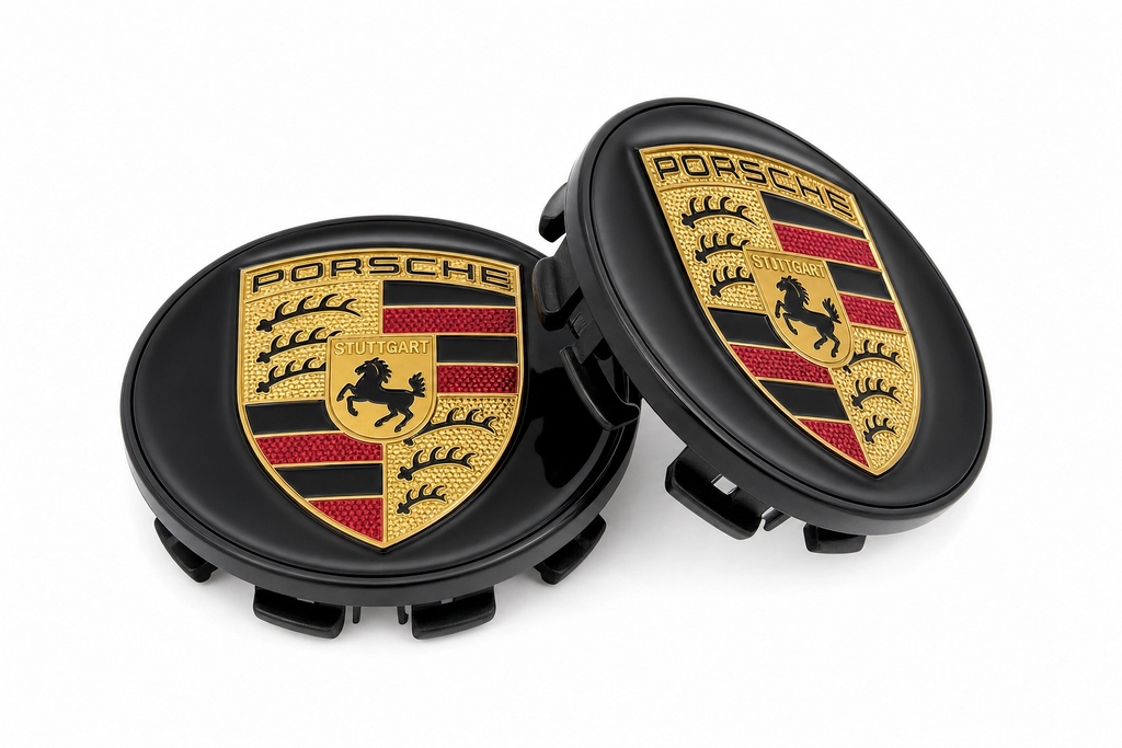 Two Porsche 65mm gloss black center caps stacked showing snap-fit clips